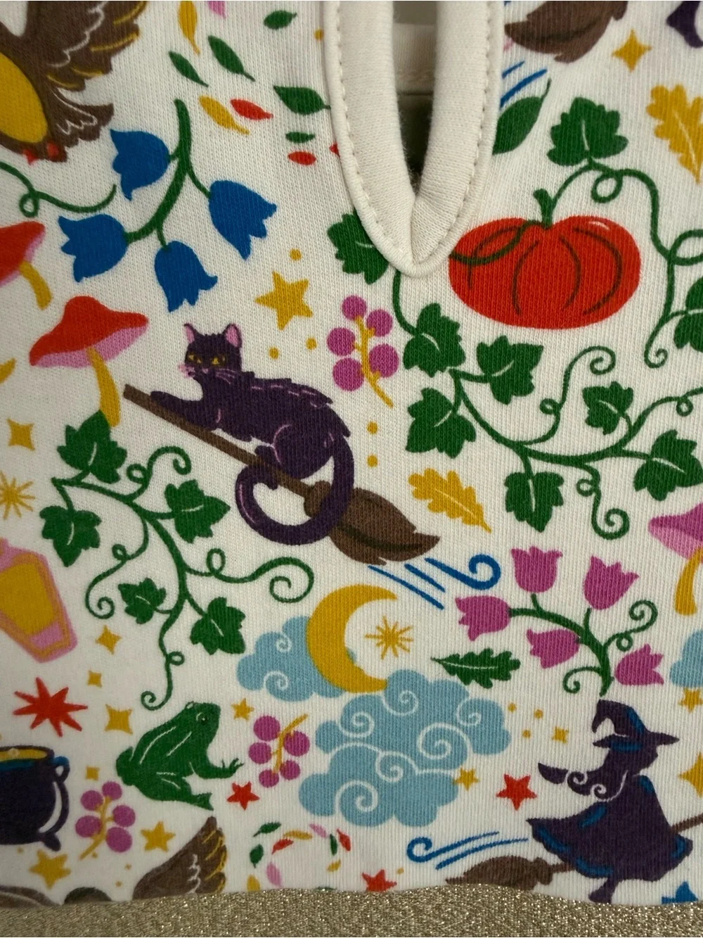 Mini Boden White Long-Sleeve Fairy Tale Print Dress with Gold Waistband